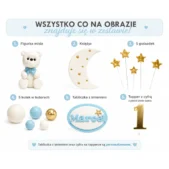 Zestaw z misiem na tort – figurka, księżyc, chmurki, gwiazdki i personalizowany topper