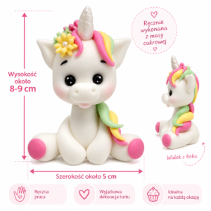 Figurka jednorożec z masy cukrowej – wymiary 8–9 cm wysokości i około 5 cm szerokości