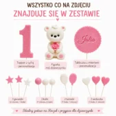 Zestaw z misiem na tort dla dziewczynki – wszystkie elementy dekoracji na roczek