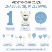 Zestaw z misiem na tort dla chłopca – wszystkie elementy dekoracji na roczek
