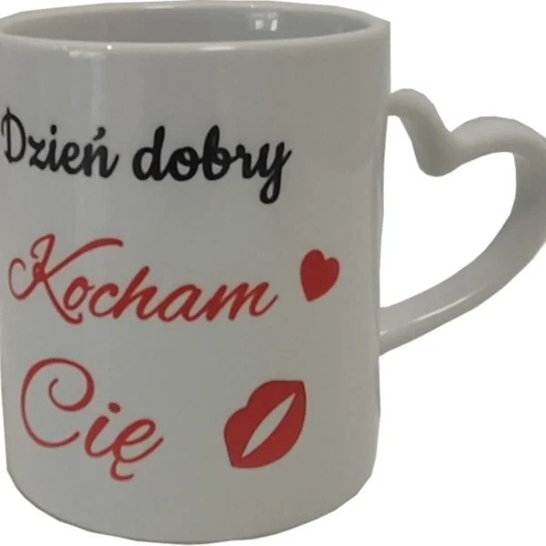 Kubek na prezent, z nadrukiem Dzień dobry kocham Cię z sercem i ustami