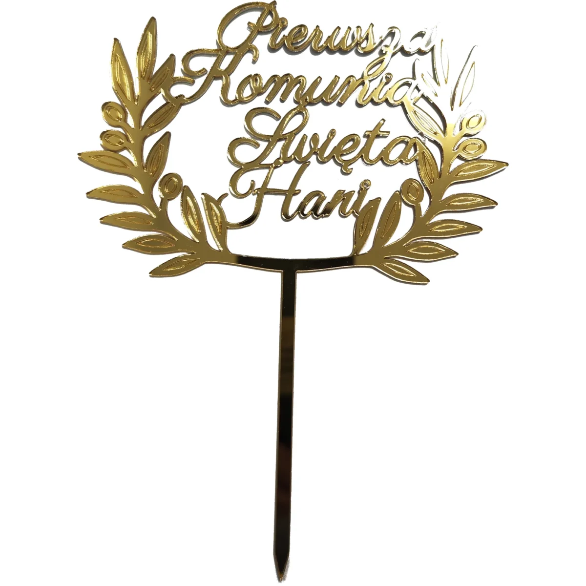 Topper I komunia Święta z imieniem Personalizowany topper konunijny złoty z imieniem na tort pleksi