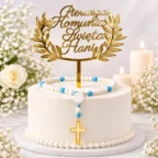 Topper komunijny z imieniem i dekoracja różańcem
