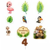 Zestaw Safari 2D nr 2 – elementy dekoracji na tort ze zwierzętami i liśćmi