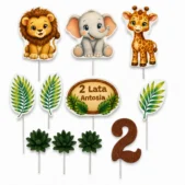 Zawartość zestawu Safari 2D na tort – lew, słonik, żyrafa, liście i dodatki