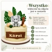 Zestaw Safari ze słonikiem na tort – wszystkie elementy widoczne na zdjęciu są w zestawie