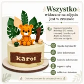Zestaw Safari z tygryskiem na tort – wszystkie elementy widoczne na zdjęciu są w zestawie