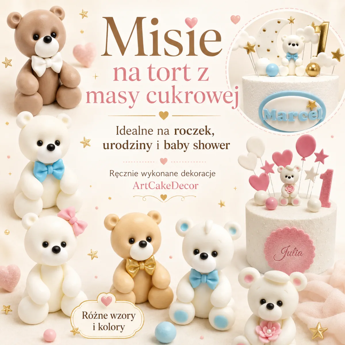 Figurki z masy cukrowej, Toppery na torty, Wydruki opłatki Misie na tort z masy cukrowej – różne wzory i kolory ArtCakeDecor